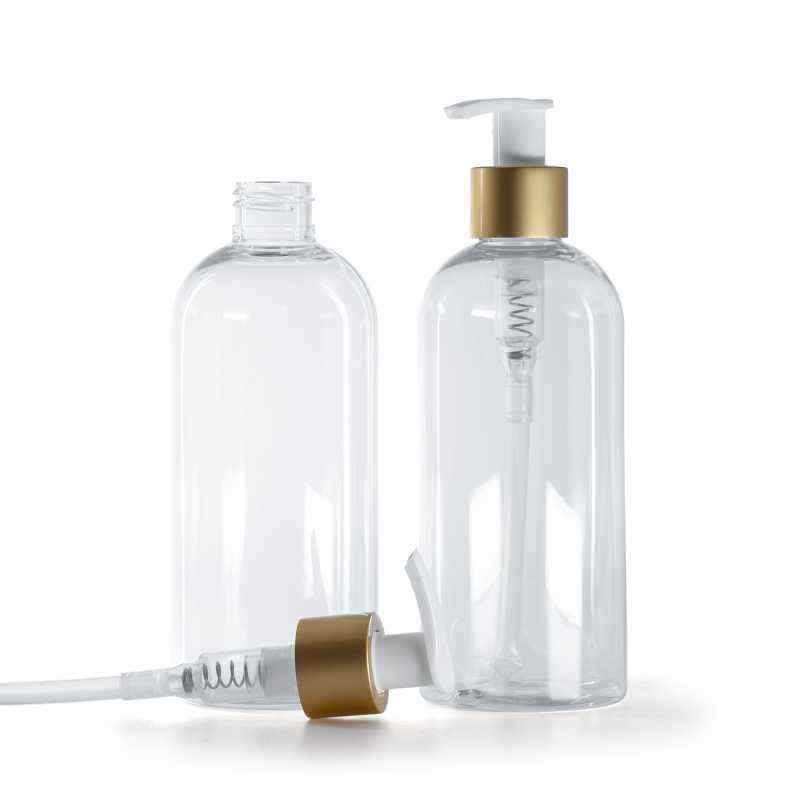 Kulatá průhledná plastová láhev, bílá dávkovací pumpa s matným zlatým kroužkem, 300 ml