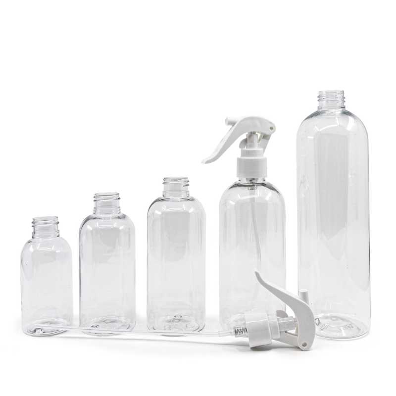 Plastová láhev průhledná, zaoblená, bílý pákový rozprašovač, 200 ml
