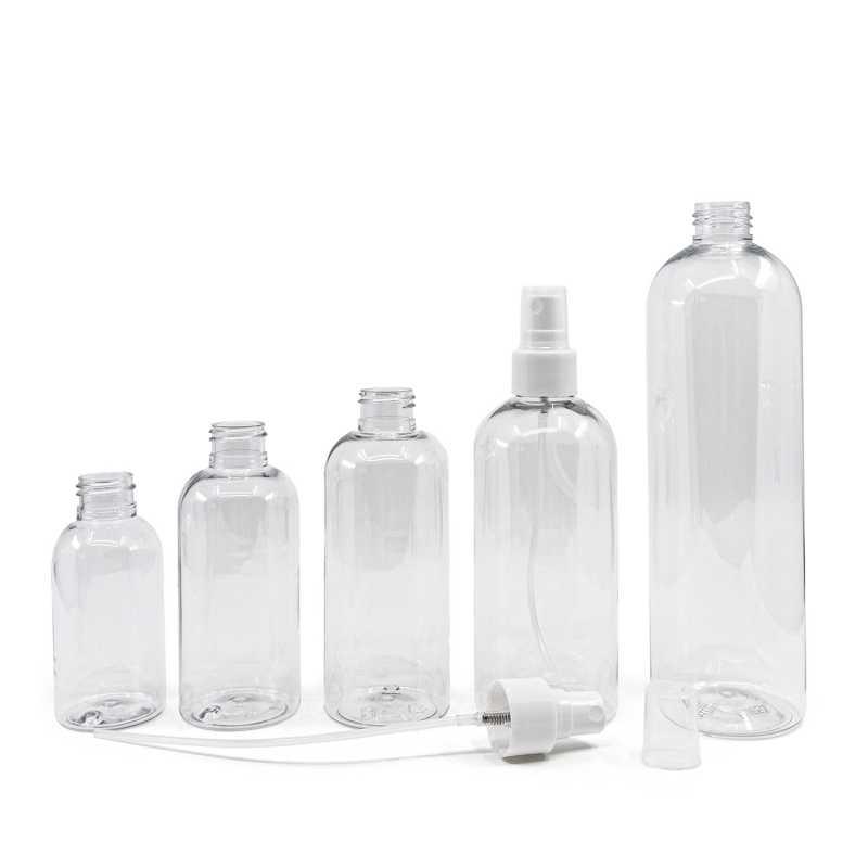 Plastová láhev průhledná, zaoblená, bílý rozprašovač 200 ml