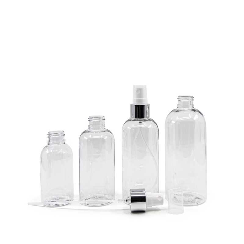 Plastová láhev průhledná, zaoblená, bílý sprej, stříbrná lesklá obruč, 300 ml