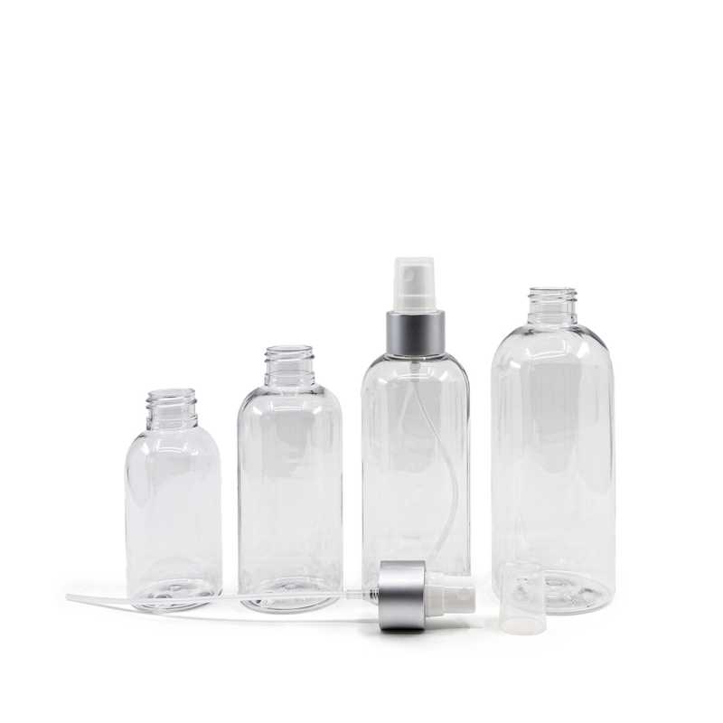 Plastová láhev průhledná, zaoblená, bílý sprej, stříbrná matná obruč, 100 ml