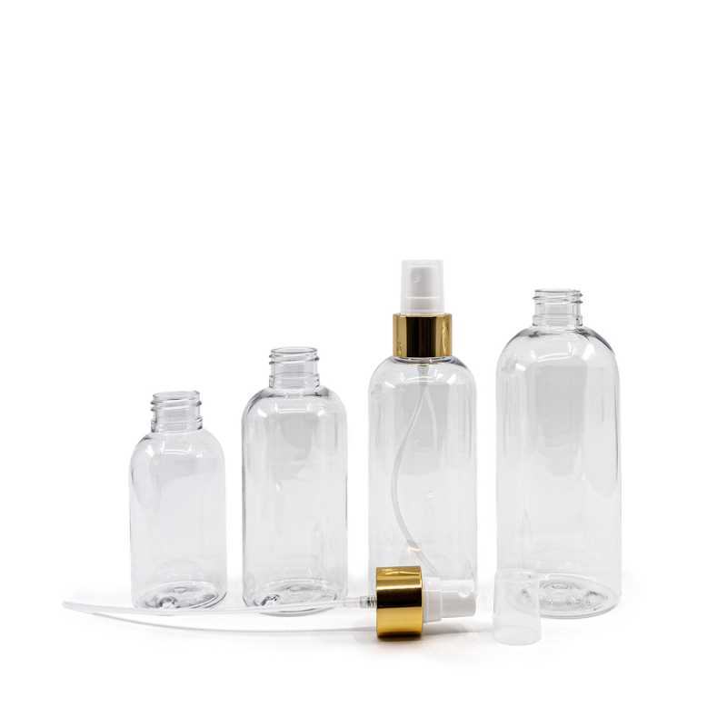 Plastová láhev průhledná, zaoblená, bílý sprej, zlatá lesklá obruč, 100 ml