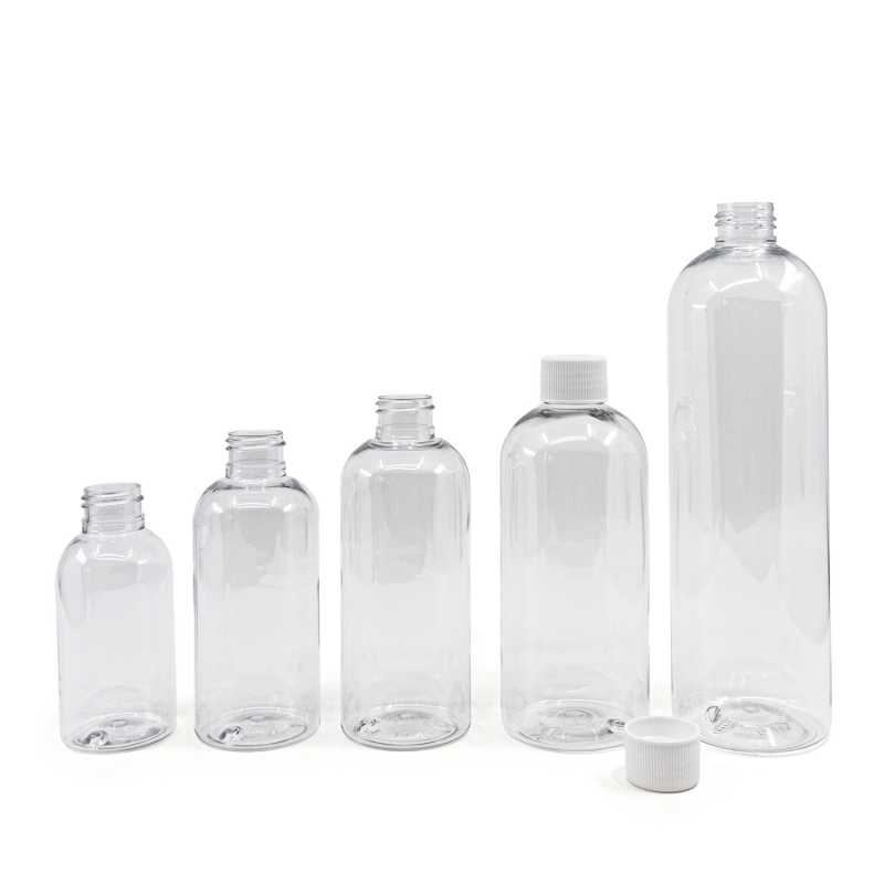 Plastová láhev průhledná, zaoblená, bílé víčko, 200 ml