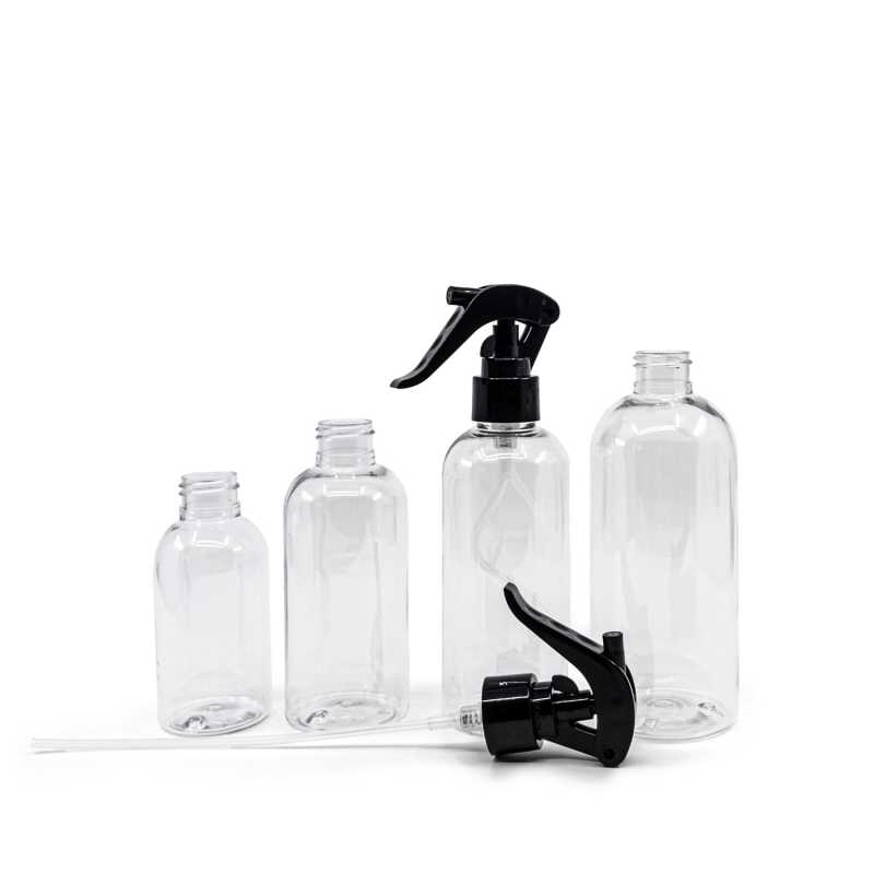 Plastová láhev průhledná, zaoblená, černý pákový rozprašovač, 300 ml