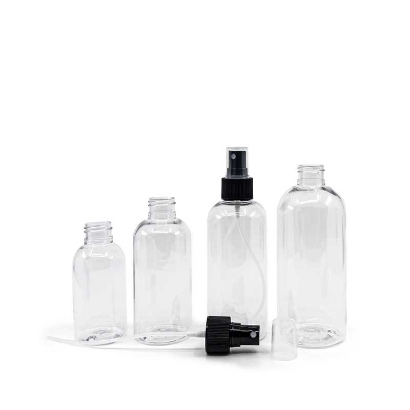 Plastová láhev průhledná, zaoblená, černý rozprašovač, 300 ml