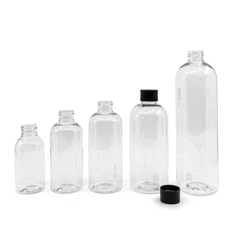 Plastová láhev průhledná, zaoblená, černý uzávěr, 100 ml