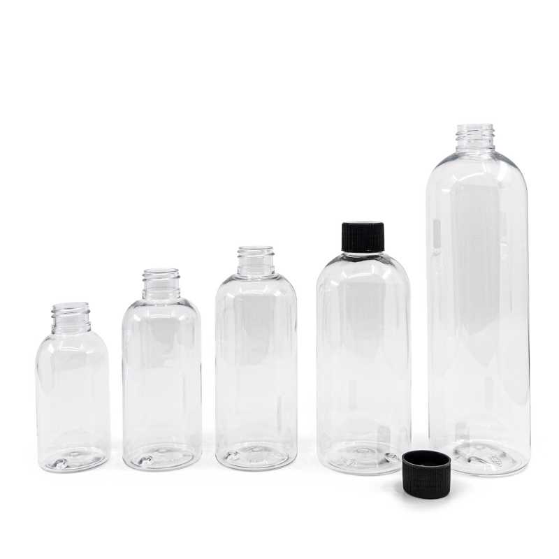 Plastová láhev průhledná, zaoblená, černé vroubkované víčko, 100 ml