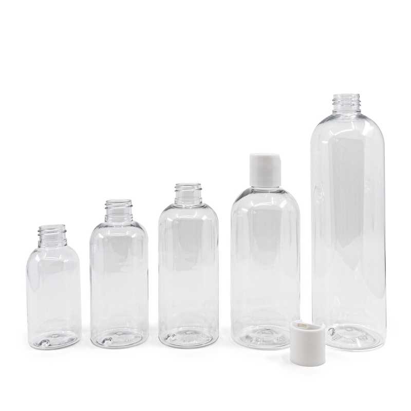 Plastová láhev průhledná, zaoblená, bílý disc top, 200 ml