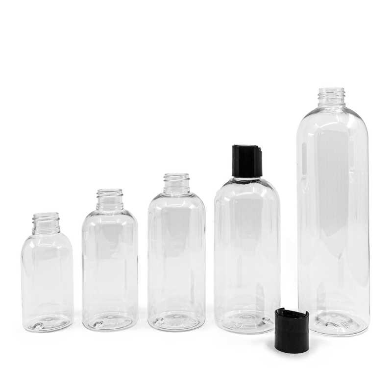 Plastová láhev průhledná, zaoblená, disc top černý, 100 ml