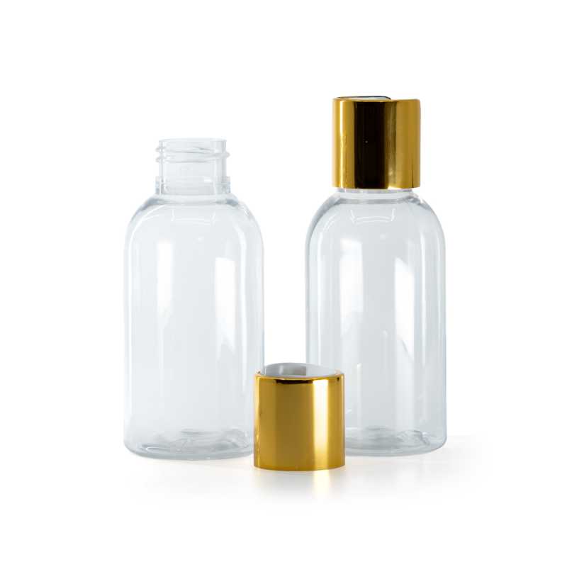 Plastová láhev průhledná, zaoblená, disc top uzávěr, zlatý, bílý vrch, 100 ml