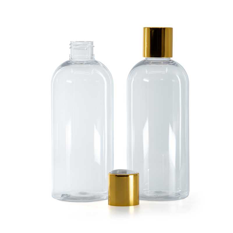 Plastová láhev průhledná, zaoblená, disc top uzávěr, zlatý, bílý vrch, 300 ml