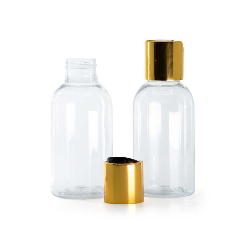  Plastová láhev průhledná, zaoblená, disc top uzávěr, zlatý, černý vrch, 100 ml
