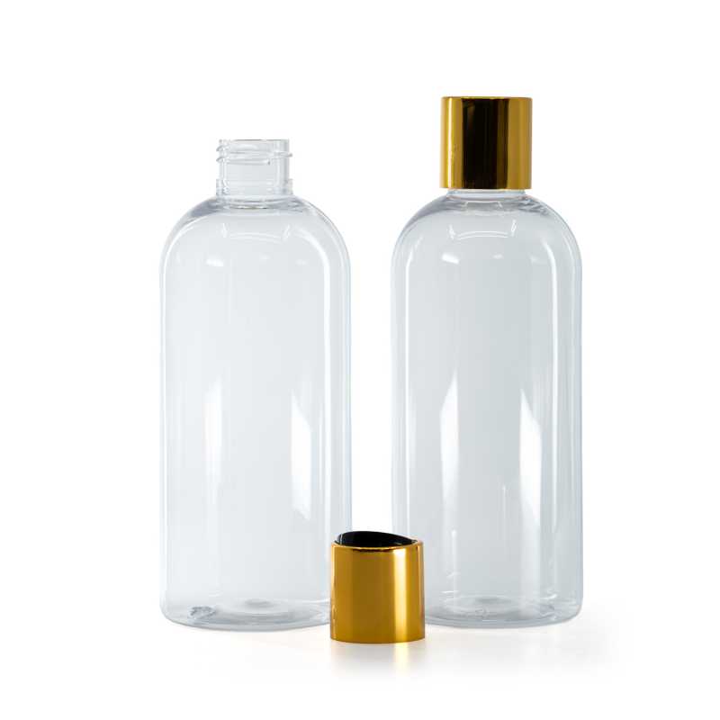  Plastová láhev průhledná, zaoblená, disc top uzávěr, zlatý, černý vrch, 300 ml