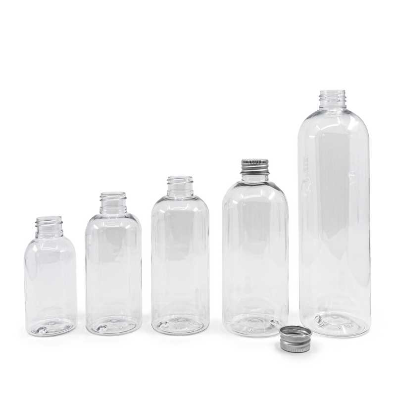 Plastová láhev průhledná, zaoblená, hliníkový uzávěr, 200 ml