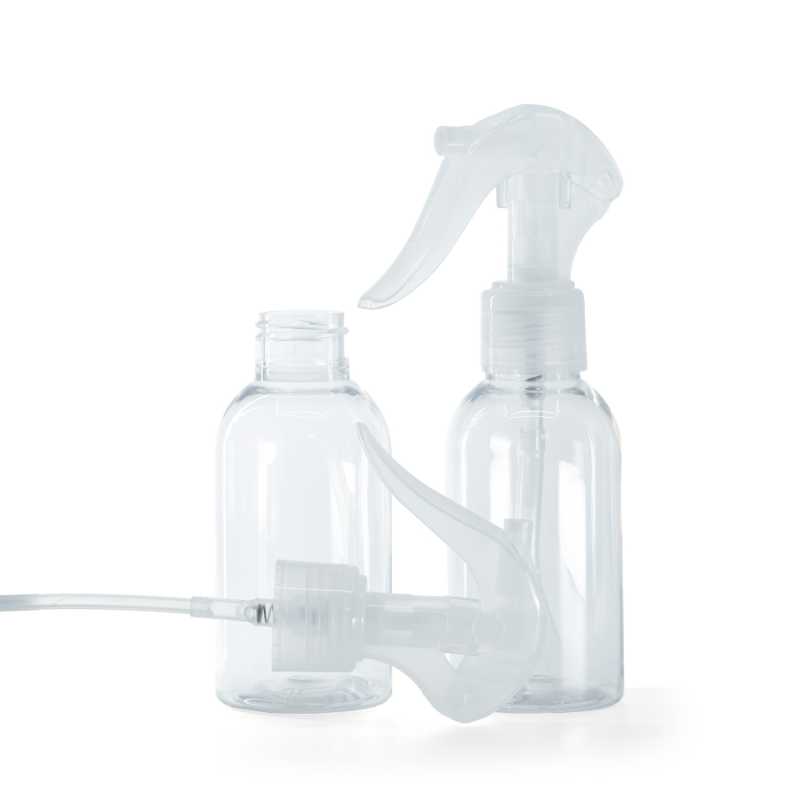 Plastová láhev průhledná, zaoblená, průhledný pákový rozprašovač, 100 ml