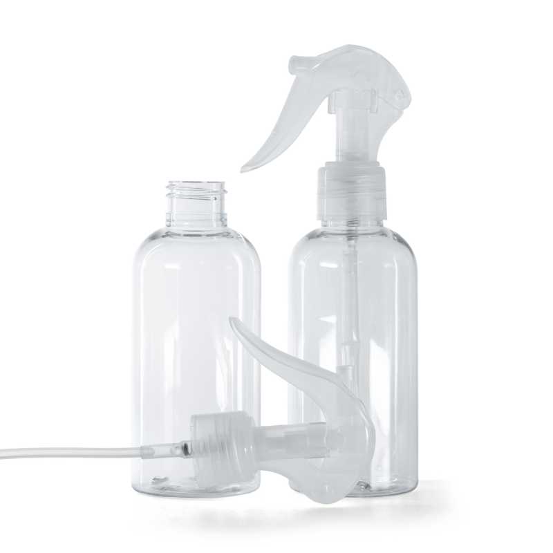 Kulatá transparentní plastová láhev s transparentním mini pákovým rozprašovačem 150 ml