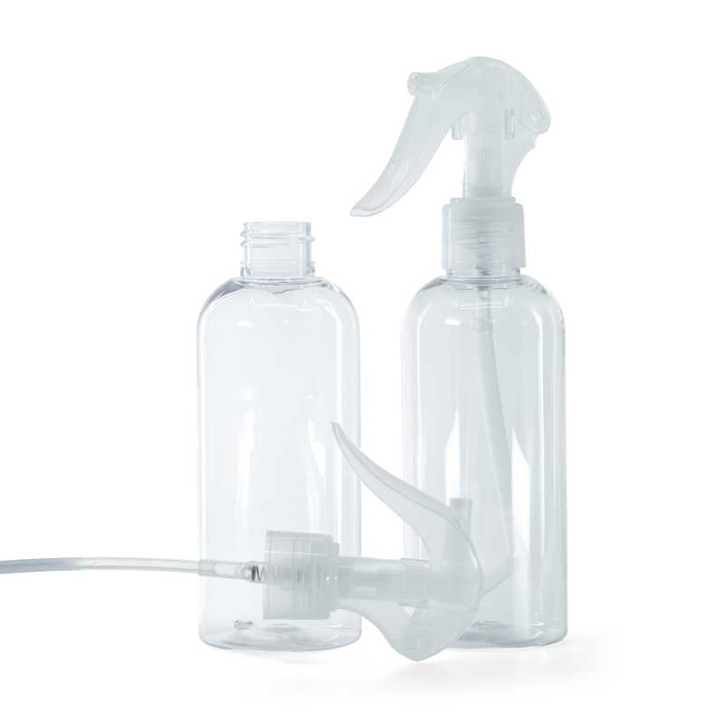 Plastová láhev průhledná, zaoblená, průhledný pákový rozprašovač, 200 ml