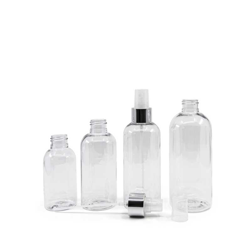 Plastová láhev průhledná, zaoblená, průhledný sprej, stříbrná lesklá obruč, 100 ml