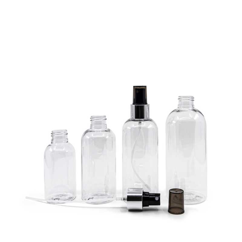 Plastová láhev průhledná, zaoblená, černý rozprašovač, stříbrná lesklá obruč, 300 ml
