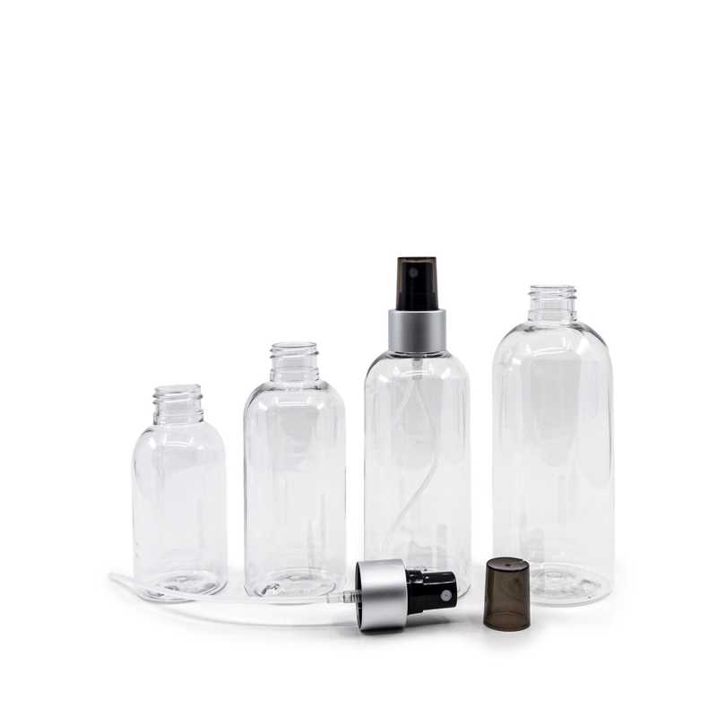 Plastová láhev průhledná, zaoblená, černý rozprašovač, stříbrná matná obruč, 200 ml