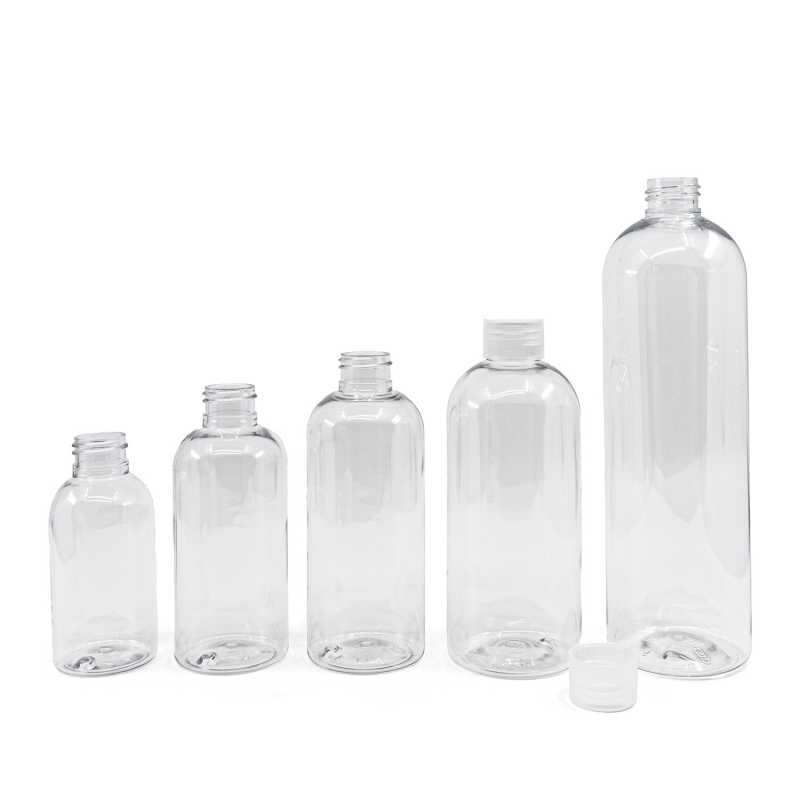 Plastová láhev průhledná, zaoblená s průhledným víkem, 150 ml