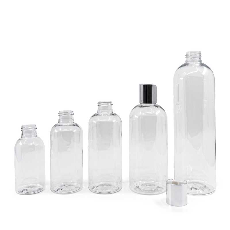 Plastová láhev průhledná, zaoblená, stříbrný disc top, 200 ml