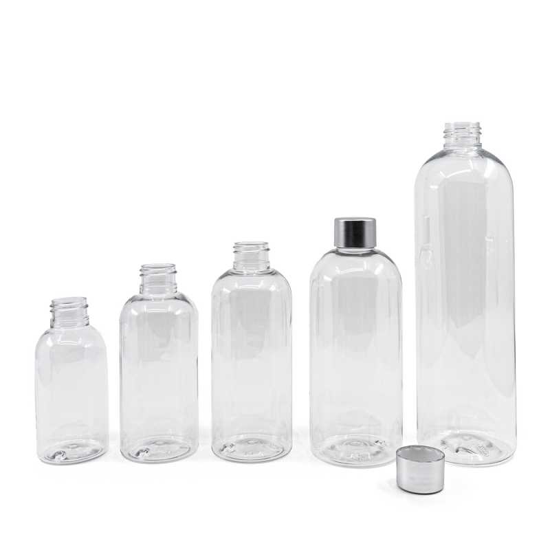 Plastová láhev průhledná, zaoblená, stříbrné víčko, 100 ml