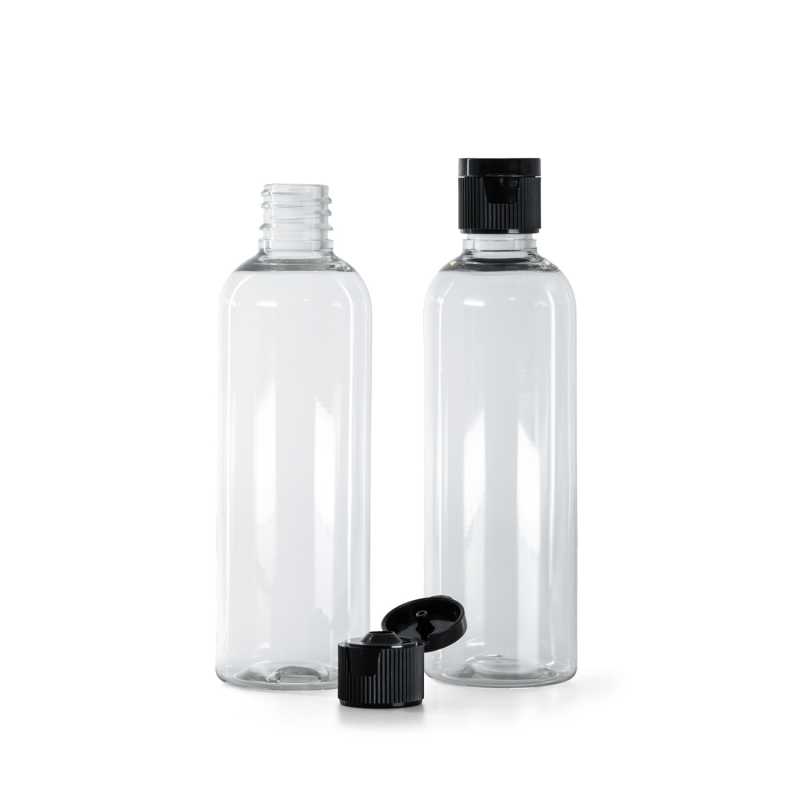 Plastová láhev průhledná, plastový uzávěr, flip top, černý, 18 mm, 100 ml