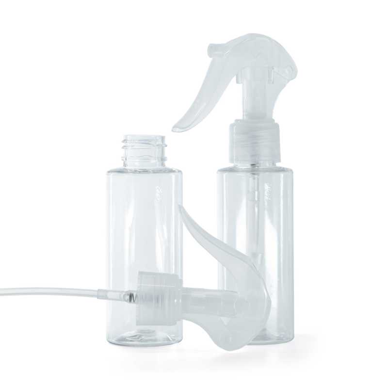 Plastová láhev průhledná, průhledný pákový rozprašovač, 100 ml