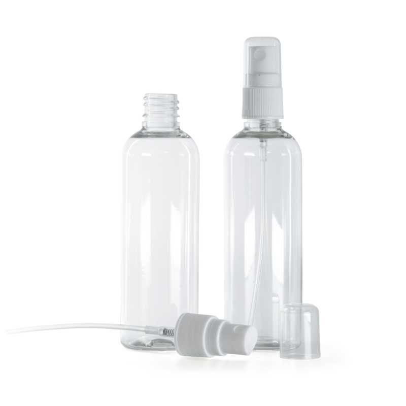 Plastová láhev průhledná, rozprašovač bílý na plastovou láhev, 100 ml  