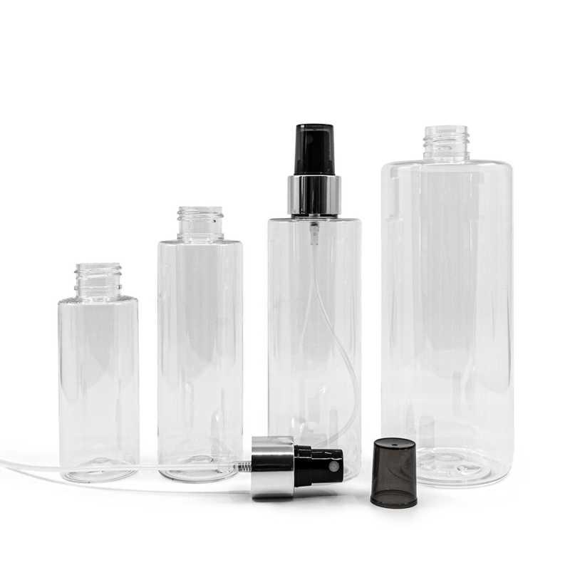 Plastová láhev průhledná, černý rozprašovač, stříbrná lesklá obruč, 100 ml
