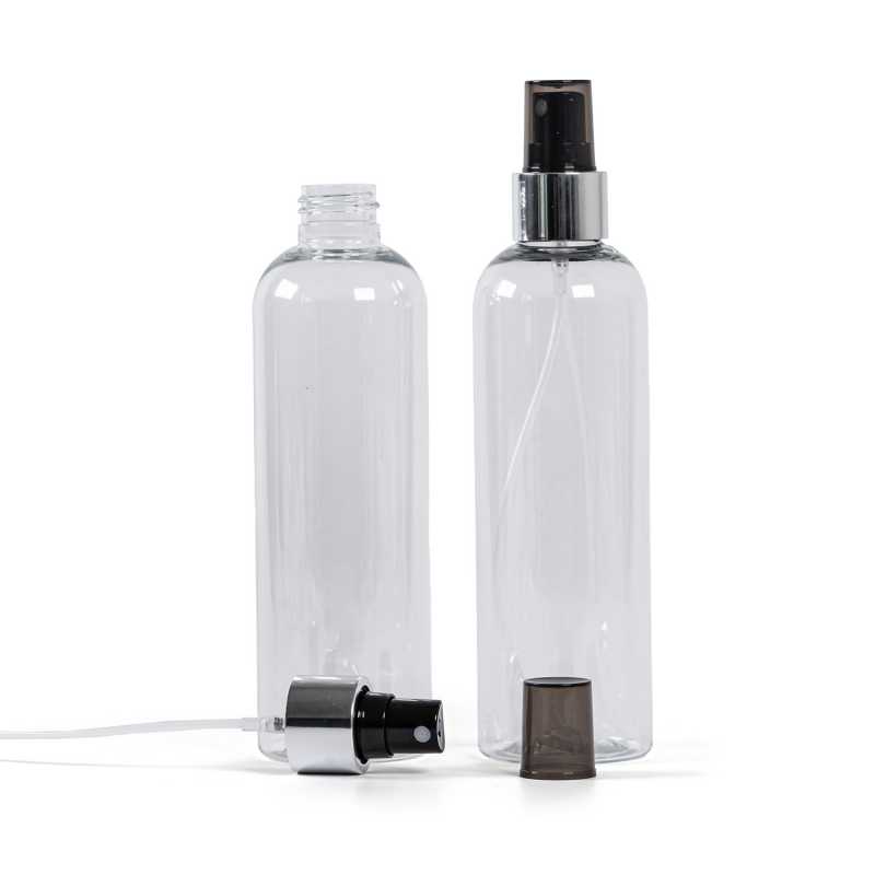 Plastová láhev průhledná, černý rozprašovač, stříbrná lesklá obruč, 250 ml