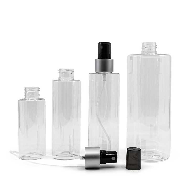 Plastová láhev průhledná, černý sprej, stříbrná matná obruč, 100 ml