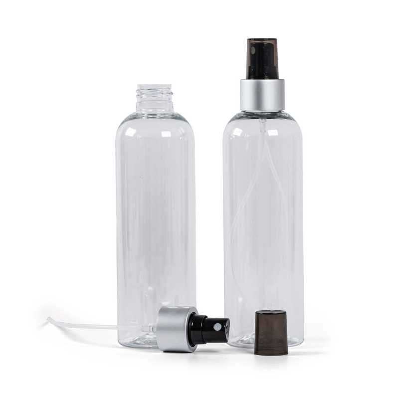 Plastová láhev průhledná, černý sprej, stříbrná matná obruč, 250 ml