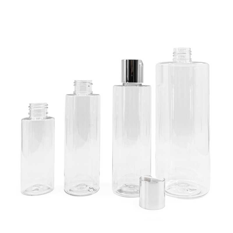 Plastová láhev průhledná, strieborný disc top, 100 ml
