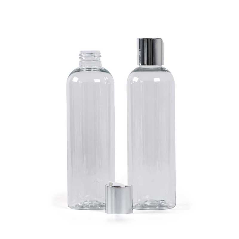 Plastová láhev průhledná, stříbrný disc top, 250 ml