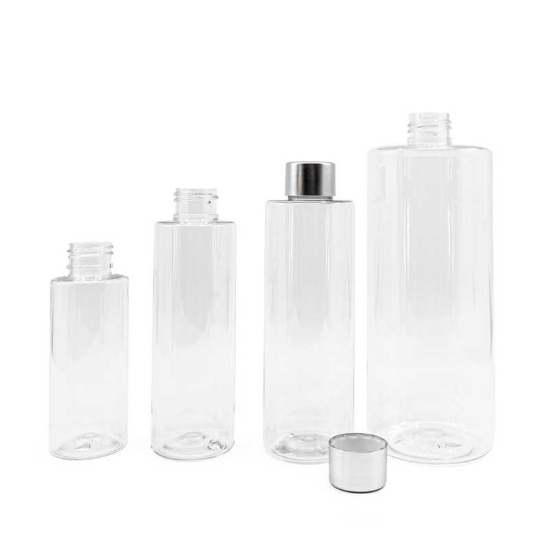 Plastová láhev průhledná, stříbrné víčko, 100 ml