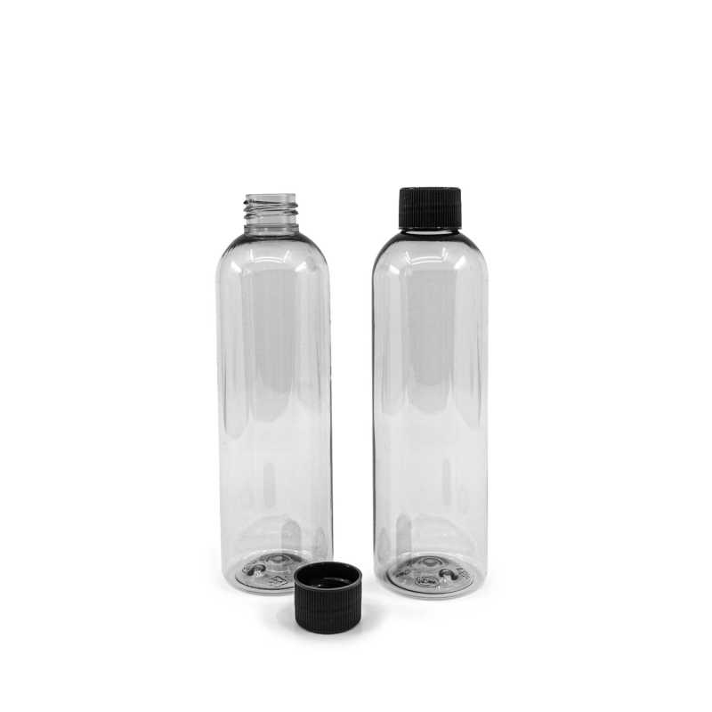 Plastová láhev, recyklovaná 250 ml, černé vroubkované víčko