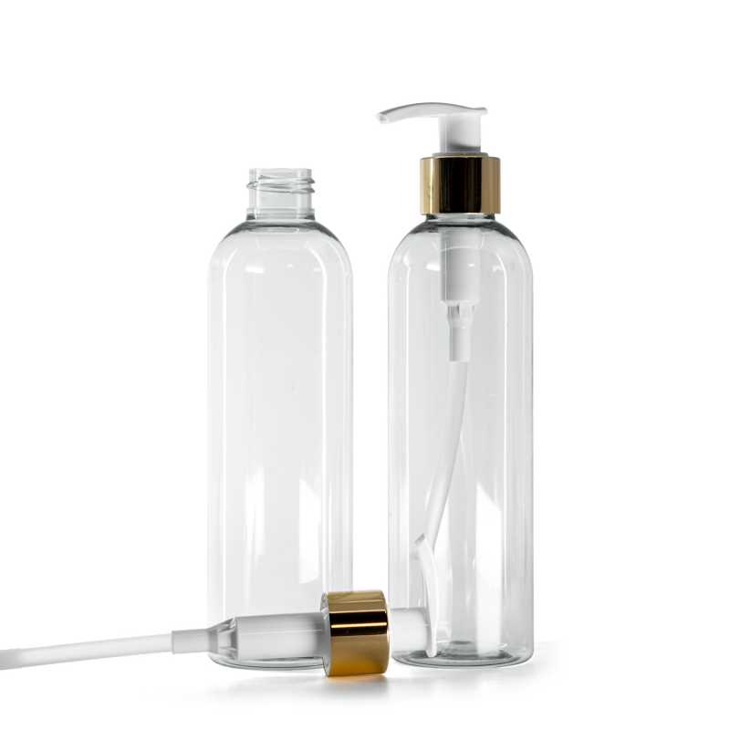 Plastová láhev, recyklovaná, bílo-zlatý dávkovač, 250 ml