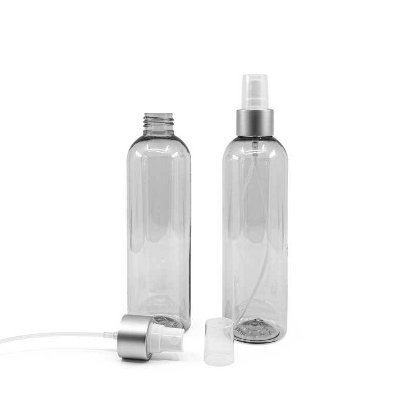 Plastová láhev recyklovaná průhledná, bílý sprej, stříbrná matná obruč, 250 ml