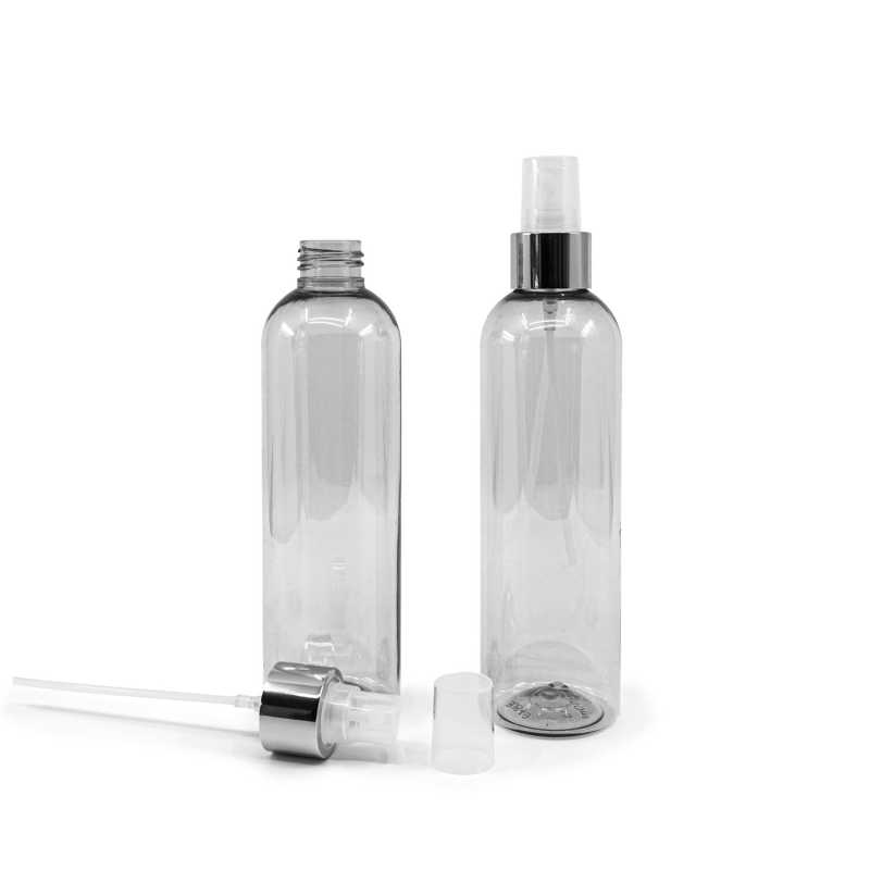 Plastová láhev, recyklovaná, průhledný sprej, stříbrná lesklá obruč, 250 ml