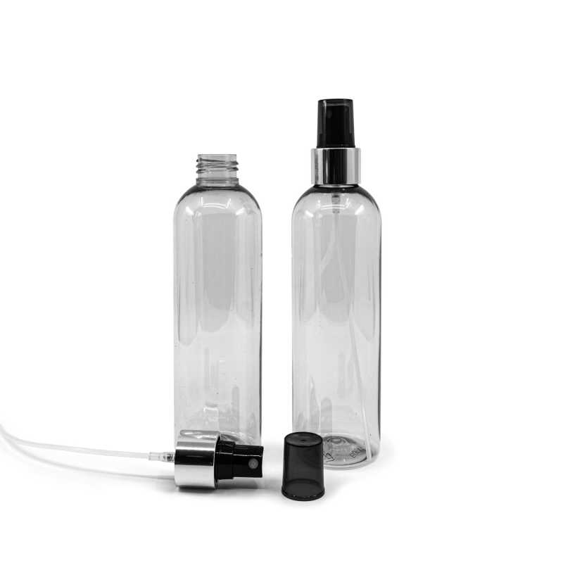 Plastová láhev recyklovaná, černý rozprašovač, stříbrná lesklá obruč, 250 ml