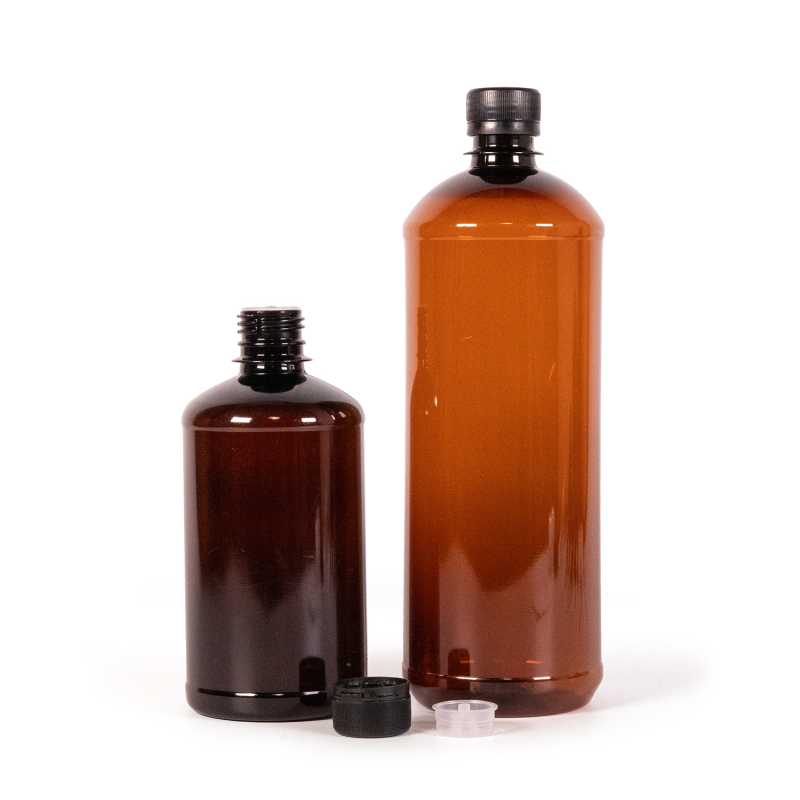 Plastová láhev hnědá, černý uzávěr s pojistkou a kapátkem, 1000 ml