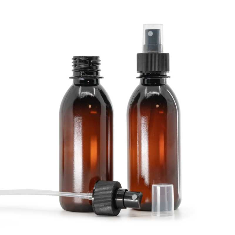 Plastová láhev, lékovka 28/410, hnědá, plastový rozprašovač, 28/410, černý, s vroubkovanou obručí, 2