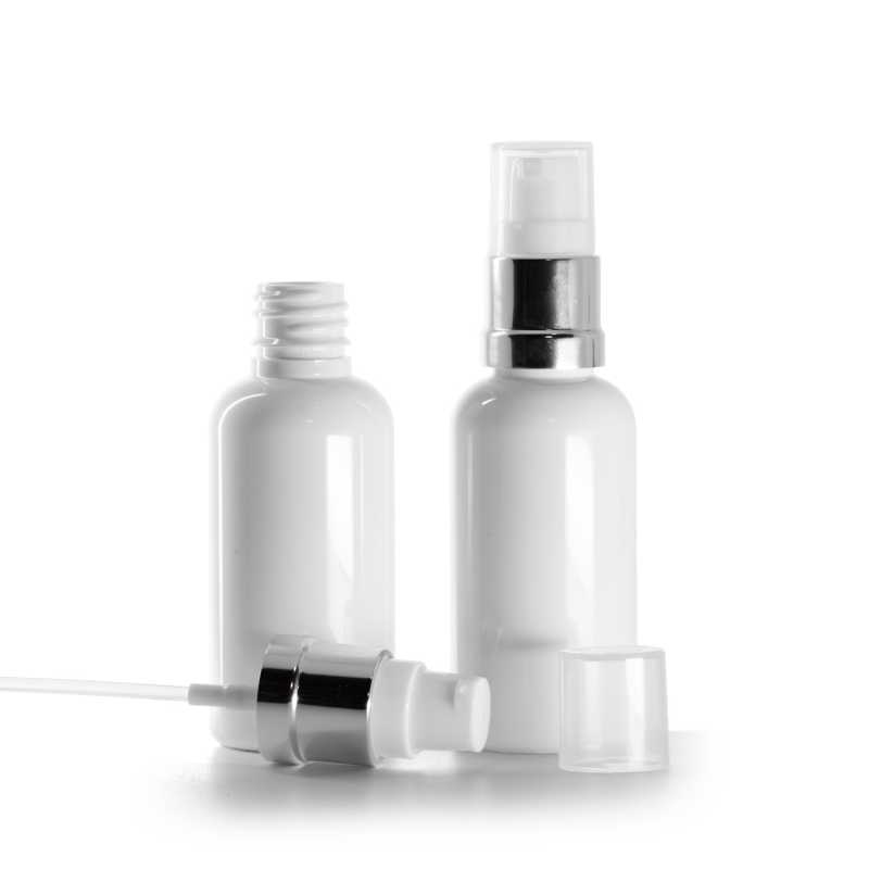 Plastová lahvička, lékovka, bílá, bílo-stříbrný lesklý dávkovač, 50 ml