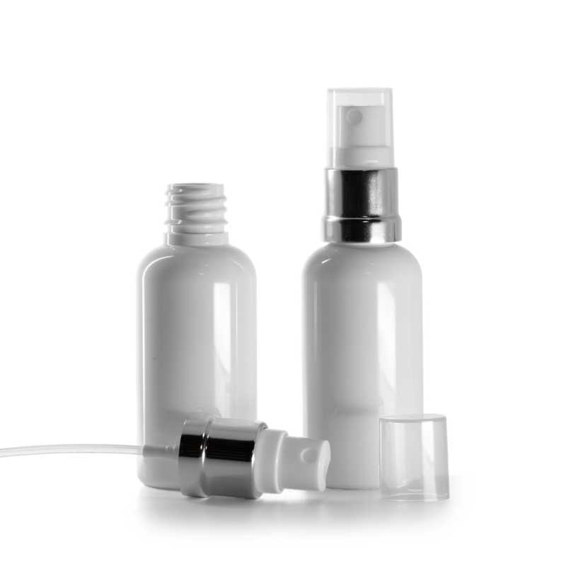 Plastová lahvička, lékovka, bílá, bílo-stříbrný rozprašovač, 50 ml