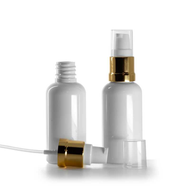 Plastová lahvička, lékovka, bílá, bílo-zlatý lesklý dávkovač, 50 ml