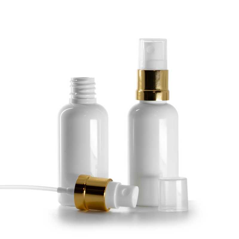 Plastová lahvička, lékovka, bílá, bílo-zlatý rozprašovač, 50 ml