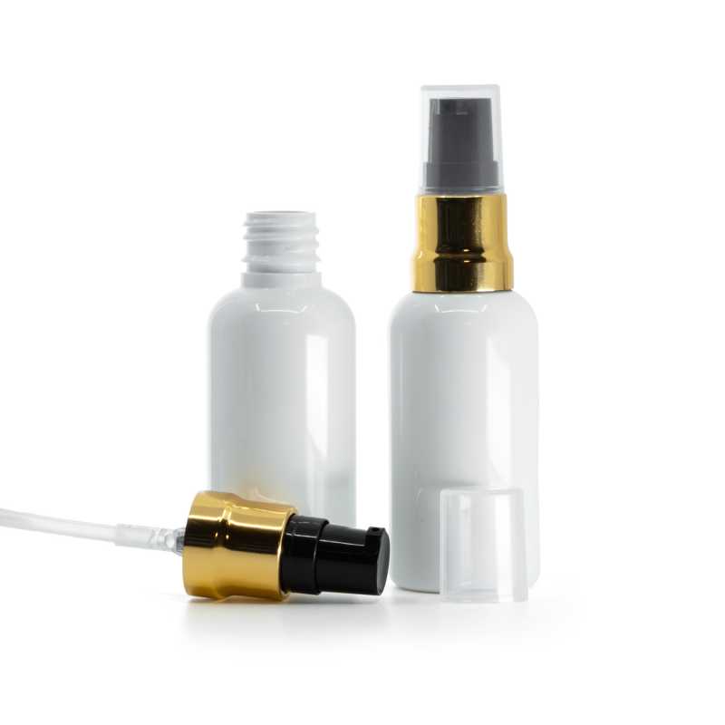 Plastová lahvička, lékovka, bílá, černo-zlatý dávkovač, průhledný vrch, 50 ml