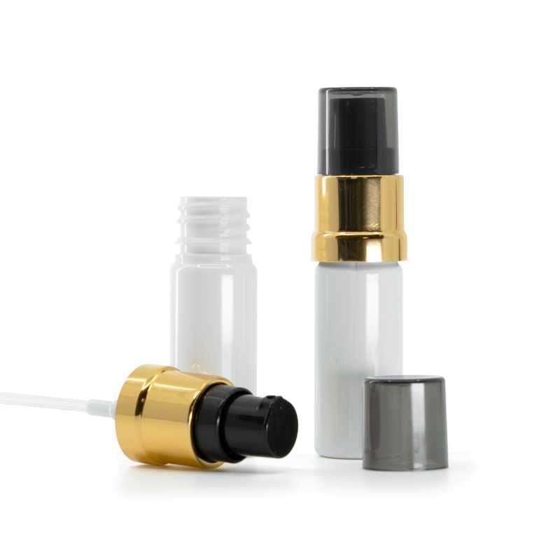 Plastová lahvička bílá, lesklý černo-zlatý dávkovač s dýmovým krytem, 10 ml